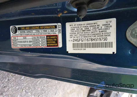 2008 Honda Civic Lx from USA, damaged, VIN 2HGFG11678H519750